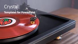  Presentation with vinyl record - Beautiful presentation featuring vintage-stereo-turntable-plays-red backdrop and a gray colored foreground