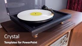  Presentation with vinyl record - Cool new slide deck with vintage-stereo-turntable-plays-white backdrop and a tawny brown colored foreground