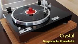  Presentation with record player - Presentation having vintage-stereo-turntable-vinyl-record background and a tawny brown colored foreground