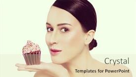 Presentation with cupcake - Amazing theme having vintage style portrait of young beautiful girl with excited expression and tasty cupcake in her hand backdrop and a lemonade colored foreground