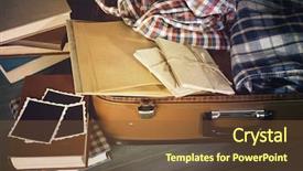  Presentation with suitcase - Beautiful PPT theme featuring vintage suitcase open with clothes and books on wooden background backdrop and a tawny brown colored foreground