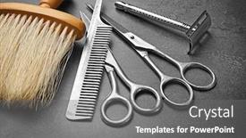 Presentation with barber shop - Theme with beauty salon hair style elements - vintage tools of barber shop background and a gray colored foreground