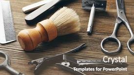  Presentation with barber shop - Colorful theme enhanced with vintage tools of barber shop backdrop and a tawny brown colored foreground