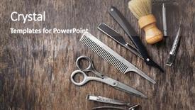  Presentation with barber - Cool new PPT theme with vintage tools of barber shop backdrop and a gray colored foreground