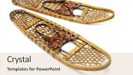  Presentation with paw - PPT theme featuring vintage wooden bear paw snowshoes with leather binding on white background and a coral colored foreground