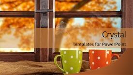  Presentation with interior cottage - PPT layouts consisting of vintage wooden window overlook autumn background and a gold colored foreground