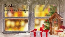  Presentation with overlook - Presentation featuring vintage wooden window overlook home interior with christmas tree decoration on foreground background and a coral colored foreground