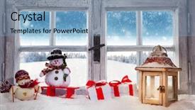  Presentation with interior cottage - Slide deck having vintage wooden window overlook winter landscape shot from cottage interior background and a light blue colored foreground