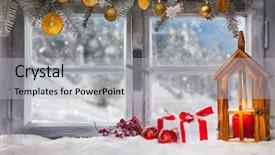  Presentation with interior cottage - Slide set featuring vintage wooden window overlook winter landscape shot from cottage interior background and a light gray colored foreground