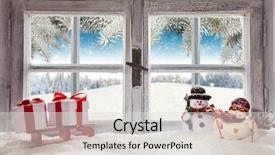  Presentation with interior cottage - Cool new slide deck with vintage wooden window overlook winter landscape shot from cottage interior backdrop and a light gray colored foreground