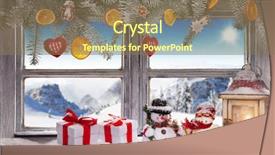  Presentation with overlook - Presentation consisting of vintage wooden window overlook winter landscape christmas decoration on foreground background and a coral colored foreground