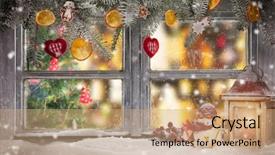  Presentation with vintage christmas - Audience pleasing slides consisting of vintage wooden window overlookhome interior with christmas tree decoration on foreground backdrop and a coral colored foreground