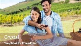  Presentation with portrait happy family smiling - Colorful slide set enhanced with vinyard - portrait of smiling couple holding backdrop and a tawny brown colored foreground