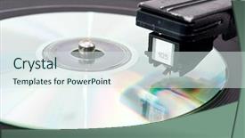  Presentation with vinyl - Amazing PPT layouts having vinyl player and compact disk backdrop and a sky blue colored foreground
