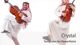  Presentation with arabic music arab man playing - Presentation design with viola - arab man playing cello isolated background and a sky blue colored foreground