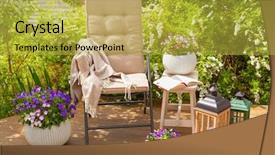  Presentation with pansy - Cool new theme with viola - garden chair on terrace backdrop and a yellow colored foreground