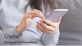  Presentation with phone - Beautiful PPT theme featuring violation - woman using mobile phone backdrop and a light gray colored foreground