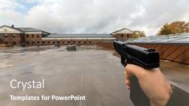  Presentation with shooting game - Audience pleasing presentation theme consisting of violence and virtual reality game concept - pov of male hands shooting with semi-automatic gun outdoors backdrop and a gray colored foreground