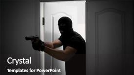  Presentation with gun - Slides consisting of violent - male thief with gun entering background and a  colored foreground