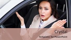  Presentation with driving - Presentation design consisting of violent - young pretty woman driver driving background and a coral colored foreground