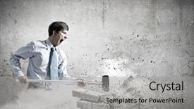  Presentation with violent - Presentation theme enhanced with violent sport - young angry businessman crashing bricks background and a  colored foreground