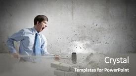  Presentation with demolition bricks - Presentation design having violent sport - young angry businessman crashing bricks background and a  colored foreground