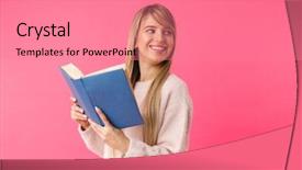  Presentation with naughty girl is standing - PPT theme with violet books - cheerful young blonde girl standing background and a  colored foreground