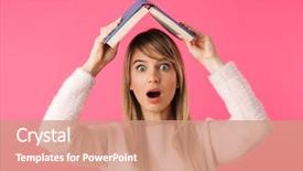  Presentation with cheerful - Colorful slide set enhanced with violet books - cheerful young blonde girl standing backdrop and a coral colored foreground