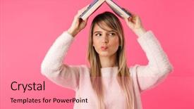  Presentation with naughty girl is standing - Slides having violet books - cheerful young blonde girl standing background and a coral colored foreground