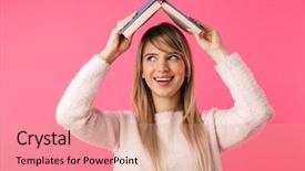  Presentation with cheerful - PPT layouts featuring violet books - cheerful young blonde girl standing background and a coral colored foreground