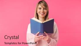 Presentation with naughty girl is standing - Cool new theme with violet books - cheerful young blonde girl standing backdrop and a  colored foreground