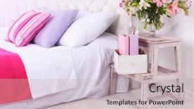  Presentation with room - PPT theme with violet books - comfortable soft bed in room background and a light gray colored foreground