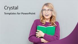  Presentation with book - Beautiful PPT theme featuring violet books - glad young woman with opened backdrop and a  colored foreground