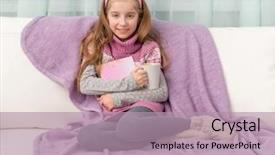  Presentation with child girl reading a book - Cool new slide set with violet books - little cute girl on sofa backdrop and a  colored foreground