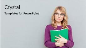  Presentation with story book conceptual open - PPT theme having violet books - upset young woman with opened background and a  colored foreground