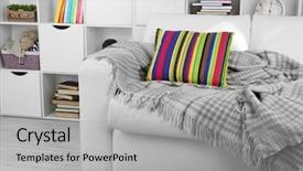  Presentation with white clay tiled roof - PPT theme enhanced with violet books - white living room with sofa background and a light gray colored foreground