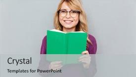  Presentation with open book spiral - PPT theme featuring violet books - young blonde woman with book background and a  colored foreground