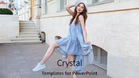  Presentation with cheerful - PPT layouts enhanced with violet books - young cheerful brunette girl posing background and a light blue colored foreground