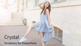  Presentation with cheerful - Slide deck with violet books - young cheerful brunette girl posing background and a light gray colored foreground