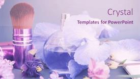  Presentation with perfume - Presentation having violet-flowers-circle-perfume-bottle background and a sky blue colored foreground