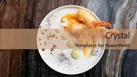  Presentation with white marble plate marble - Slides with violet fries - deep fried shrimps in white background and a coral colored foreground