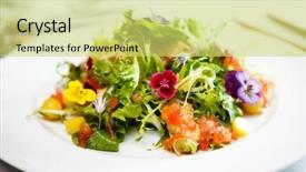  Presentation with green plate - Theme featuring violet fries - green salad on a white background and a yellow colored foreground