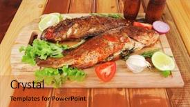  Presentation with food fish - Presentation design with violet fries - healthy food two fried sea background and a red colored foreground