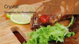  Presentation with food fish - Audience pleasing slide deck consisting of violet fries - healthy food two fried sea backdrop and a  colored foreground