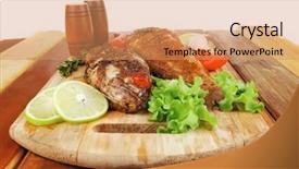  Presentation with healthy food and herb - Presentation with violet fries - healthy food two fried sea background and a  colored foreground