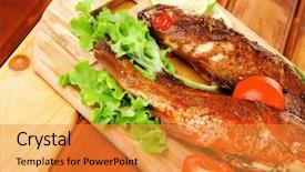  Presentation with food fish - Audience pleasing theme consisting of violet fries - healthy food two fried sea backdrop and a gold colored foreground