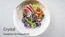  Presentation with tuna fish - Slide deck consisting of violet fries - modern fried tuna fish sashimi background and a light gray colored foreground