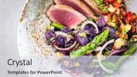  Presentation with tuna fish - Slide deck enhanced with violet fries - modern fried tuna fish sashimi background and a light gray colored foreground