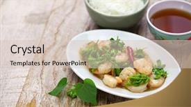  Presentation with shrimp - Theme having violet fries - stir-fried tonkin jasmin flowers background and a lemonade colored foreground