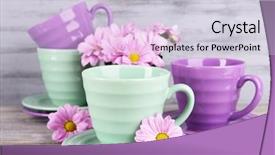  Presentation with flowers - Theme with violet mint - cups and saucers with flowers background and a lemonade colored foreground